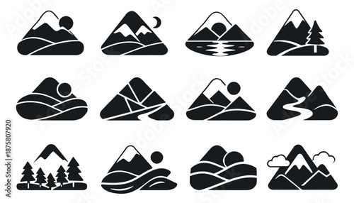 Minimalist graphic mountain landscape icon set featuring various natural scenes with peaks, sun, moon, water, and trees for branding, logos, or web design