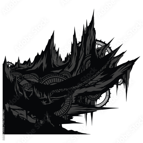 Dark jagged mountain landscape with integrated gears and mechanical elements vector