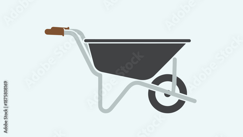 Gray Wheelbarrow with Wooden Handle.