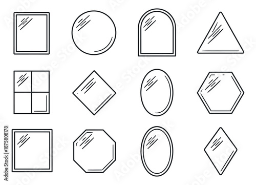 Line art mirror set featuring various geometric shapes and frames for interior decoration