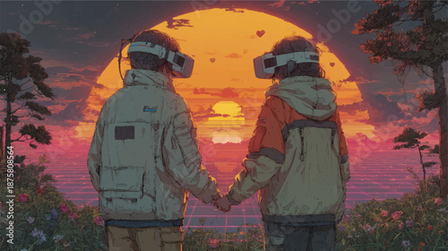 A synthwave aesthetic illustration of two people in VR headsets holding hands.