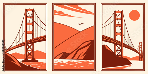 U.S, USA, US, United States - Golden Gate Bridge Vintage Triptych Art – Minimal Aesthetic Wall Decor, San Francisco Landmark Illustration, Warm‑Tone Scenic Poster Design for Home & Office
