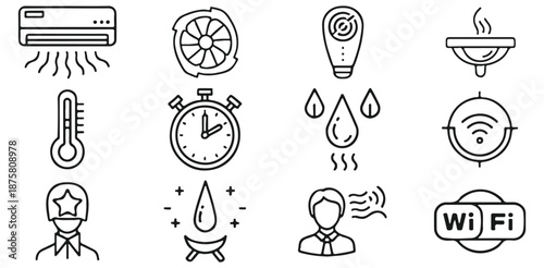 A collection of line icons representing various smart home and technology concepts