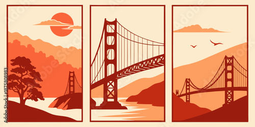 U.S, USA, US, United States - Golden Gate Bridge Triptych Art Print – Warm Vintage San Francisco Illustration, Minimal Aesthetic Wall Decor, Scenic Coastal Landmark Poster for Home or Office
