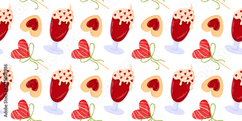 Seamless Valentine dessert pattern with heart cookie, berry cream drink and candy lollipop. Cute flat style illustration background for gift wrap, cards, textiles and romantic design.