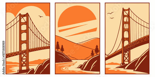 U.S, USA, US, United States - Golden Gate Bridge Triptych Art Print – Warm Vintage Landscape Illustration, Minimal Aesthetic Wall Decor, Scenic Coastal Landmark Poster for Home or Office
