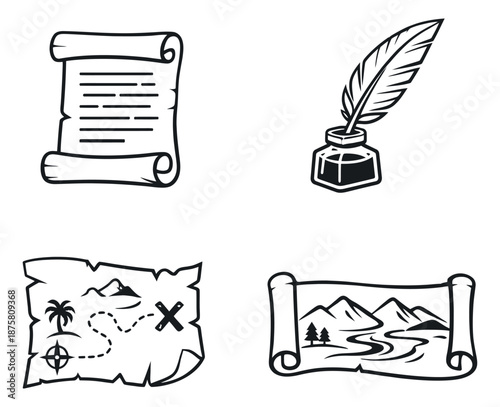 Hand drawn line art historical documents set featuring various scrolls, a treasure map, and a quill pen with an inkwell for vintage communication and adventure