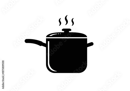 A simple steaming cooking pot icon black silhouette of a saucepan with lid and three steam rising