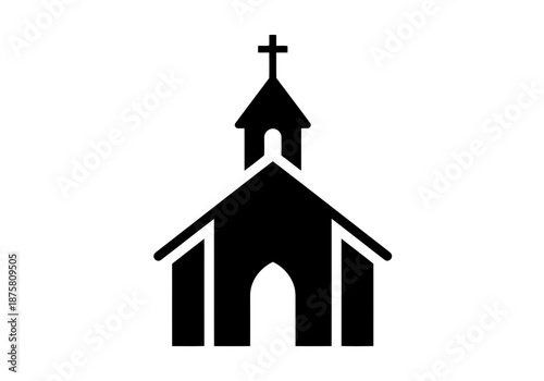 A simple black silhouette icon of a church building with a cross on top