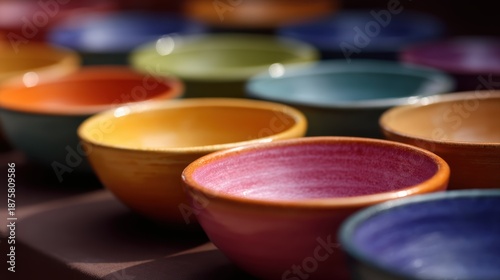 Close-up of colorful ceramic bowls and plates, artisan craftsmanship, Surajkund Crafts Mela, selective focus, vibrant festival setting