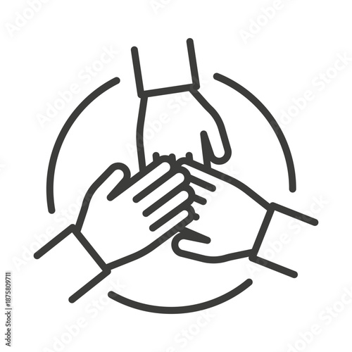 Team hands together. Business partnership. Line vector icon.