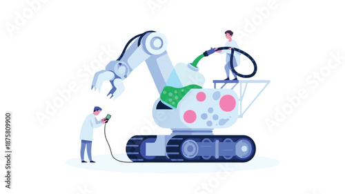 Workers operating large robotic arm for industrial tasks