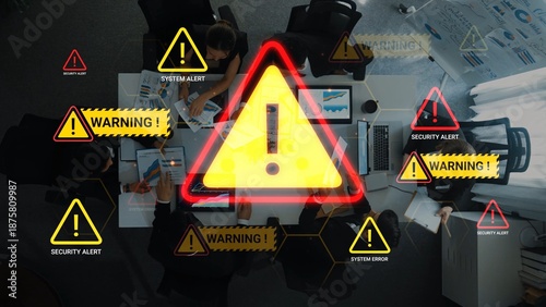 Photos High-Tech Business Meeting with Warnings and Alerts on Screen in Modern Office Environment Gluon