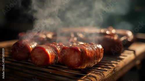 Plump sausages and beef picanha smoke on the upper rack of a barbecue grill