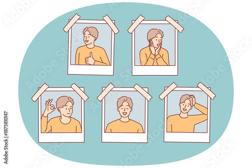 Photographs man making various emotional grimaces are taped to pages photo album