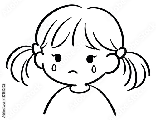 Hand drawn line art illustration of a sad little girl depicting crying with tears for emotional concepts