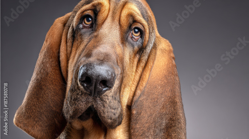 Close-up portrait of a brown hound dog with expressive eyes