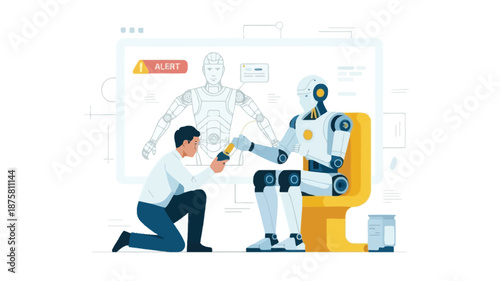 Man interacting with robot in futuristic workspace with alert on screen