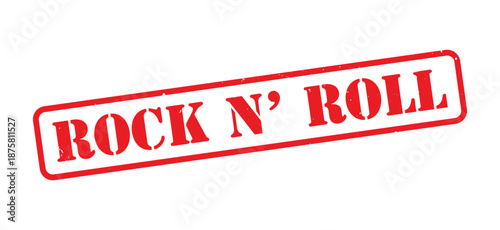 Rock N’ Roll Red Grunge Rubber Stamp, Distressed Vintage Ink Music Genre Label, Classic Rock Band and Concert Style Mark, Rough Texture Retro Music and Entertainment Concept