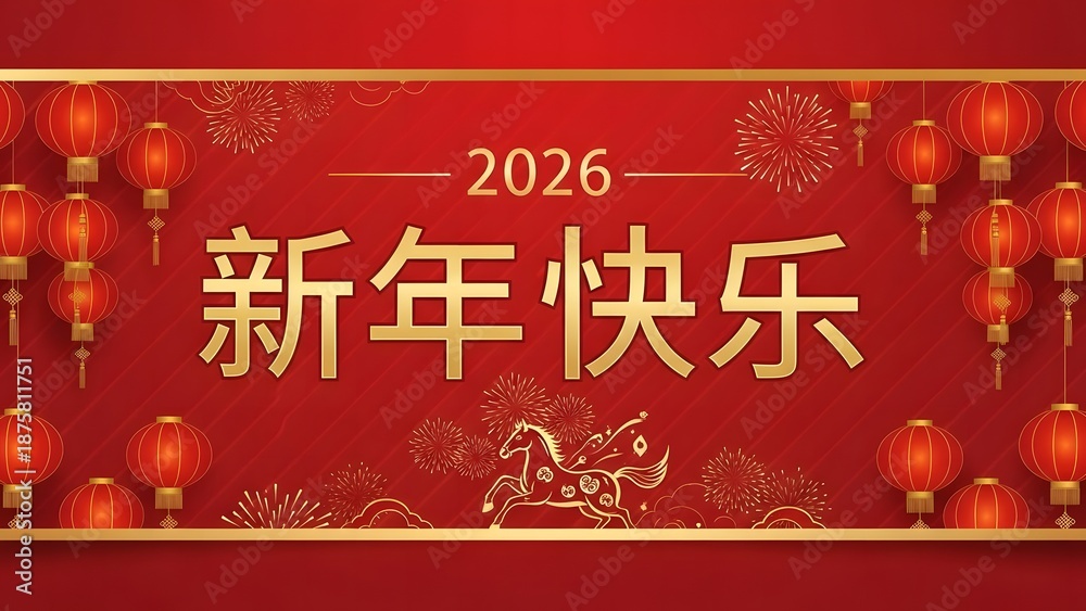 Naklejka premium 2026 chinese new year greeting with lanterns and calligraphy