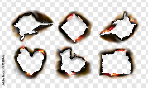six burned paper shapes on a transparent background