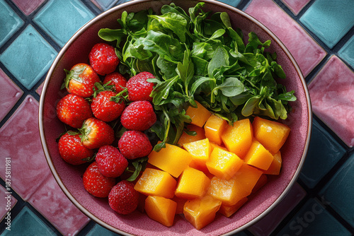 Bowl of fresh fruit and greens on pink table.