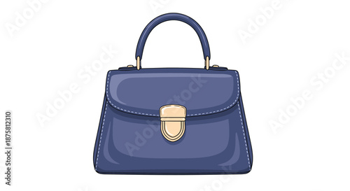 Elegant dark blue leather handbag with a sturdy top handle and a gold metal clasp in the center on white background.