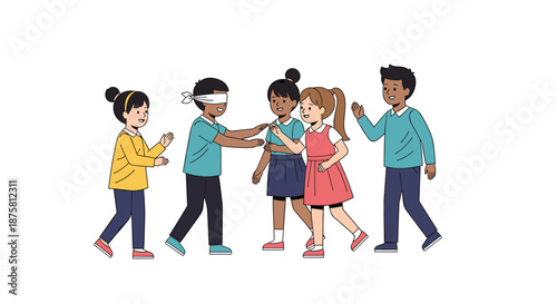 Group of diverse young children laughing and playing a game of blind mans bluff together in a line outdoors.