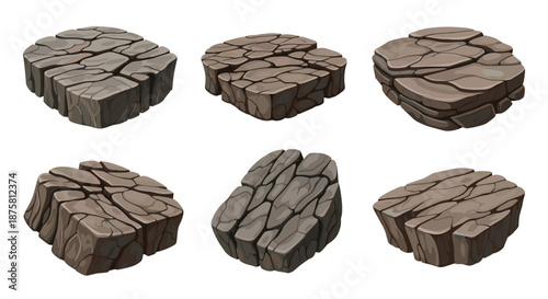 Set of floating stone platforms with cracked textures and natural rock formations for game level design and fantasy environment creation.