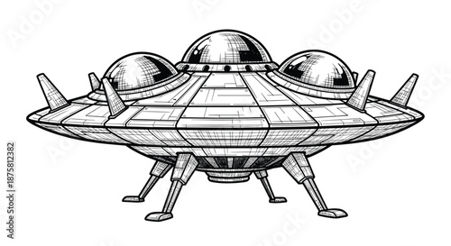 Intricate black and white ink drawing of a classic flying saucer unidentified flying object with domes and landing gear for sci-fi concepts.