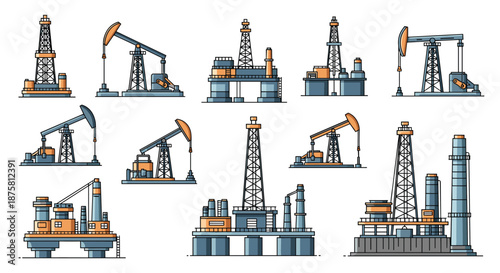 Diverse collection of industrial oil drilling platforms, derrick rigs, and pumpjacks representing the global petroleum and energy industry.