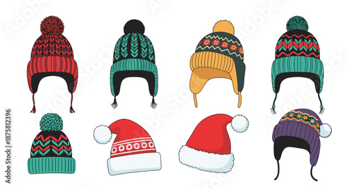 Large collection of winter knit beanies with pompoms and colorful patterns alongside classic red and white Santa Claus holiday hats.