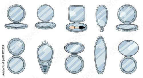 Selection of various silver makeup compact mirrors in round, oval, and square shapes with some showing integrated applicators for beauty needs.
