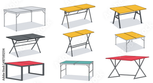 Set of various folding table designs in different colors and leg styles for camping, outdoor events, or portable furniture needs.