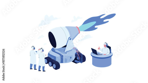 Innovative team launching rocket with technology and collaboration