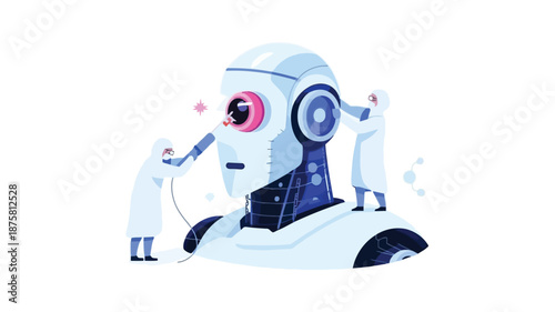 Robot maintenance team working on futuristic AI technology