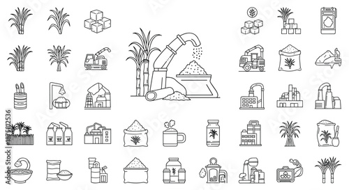 Large set of outline icons illustrating the entire sugarcane production process from harvesting to factory processing and refining.