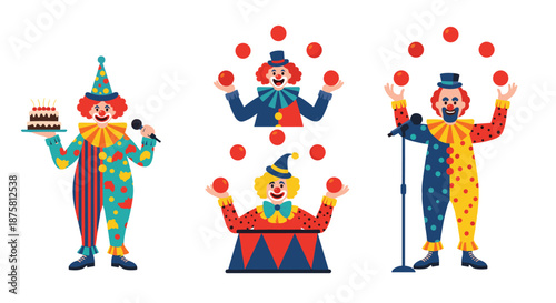 Set of colorful circus clown characters performing different acts like juggling, holding a cake, and singing into a microphone.
