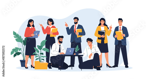 Group of diverse business people collaborating in a modern office environment with laptops and folders to represent teamwork.