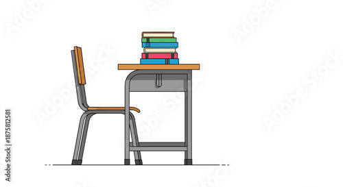 Side view of a wooden school desk and chair with a stack of colorful textbooks on top in a quiet classroom learning environment.