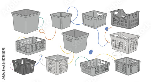 Collection of different plastic crates and storage bins in various sizes and designs for industrial or home organization needs.