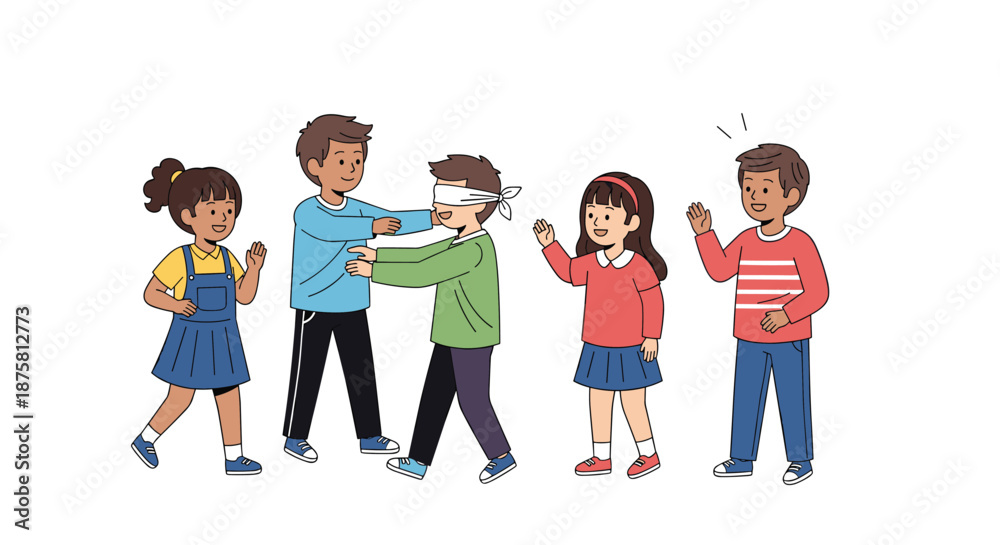 Fototapeta premium Group of cheerful children playing a traditional game of blind mans bluff together in an open outdoor playground.