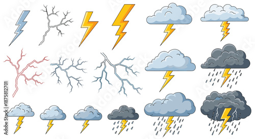 Weather icon set showing various lightning bolts, storm clouds, and rain showers for meteorological forecasting data.