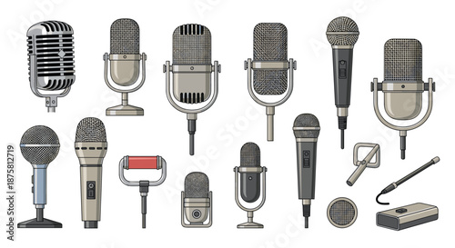 Extensive collection of diverse microphone types including vintage, condenser, and dynamic models for audio recording.