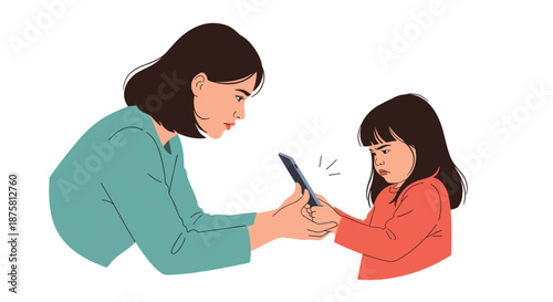 Mother firmly taking a smartphone away from her upset young daughter to set limits on her daily digital screen time.