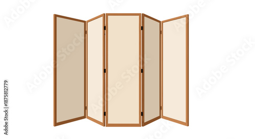 Five panel folding room divider screen with a light fabric and a natural wooden frame for interior space privacy.