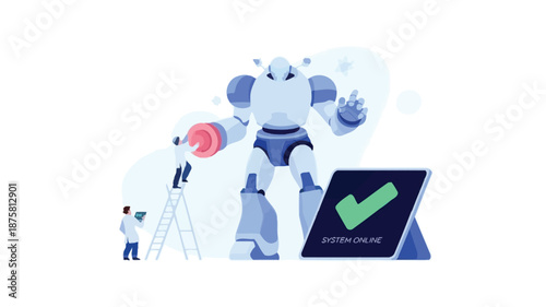 Robot and workers collaborating on system online with green checkmark