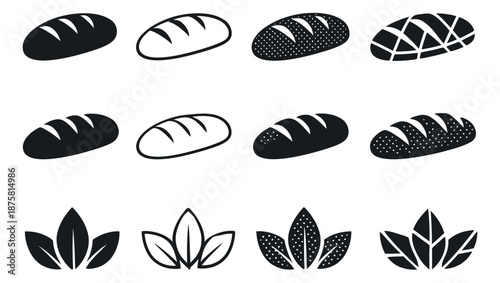 Flat and line art icons set featuring bread loaves and abstract leaves for food and nature designs