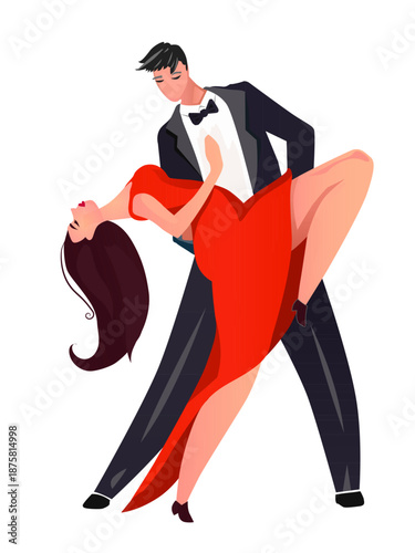 Elegant Latin Dance Couple Performing Dramatic Dip in Classic Evening Tango Style Vector Illustration