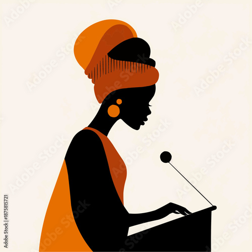 Minimalist vector illustration of a Black woman in silhouette. Profile view of a confident female leader in an orange headwrap giving a speech at a lectern. Split background for copy space